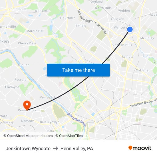 Jenkintown Wyncote to Penn Valley, PA map