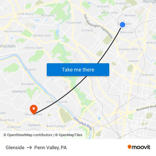 Glenside to Penn Valley, PA map