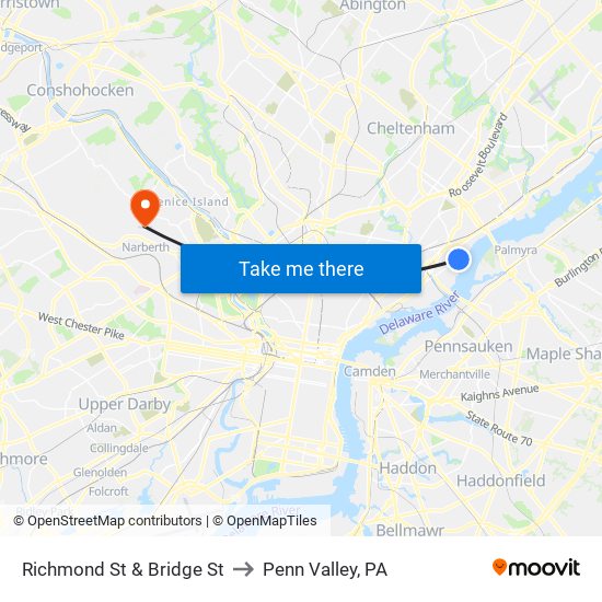 Richmond St & Bridge St to Penn Valley, PA map