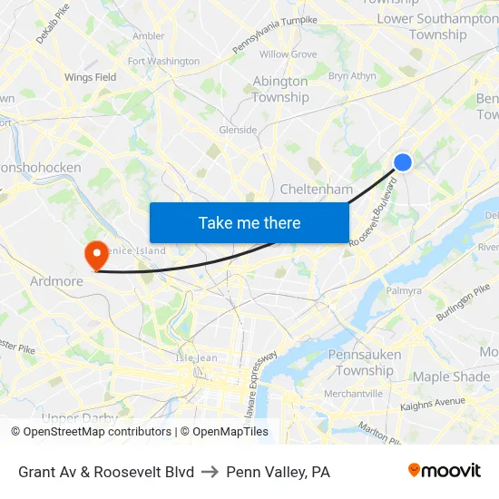 Grant Av & Roosevelt Blvd to Penn Valley, PA map