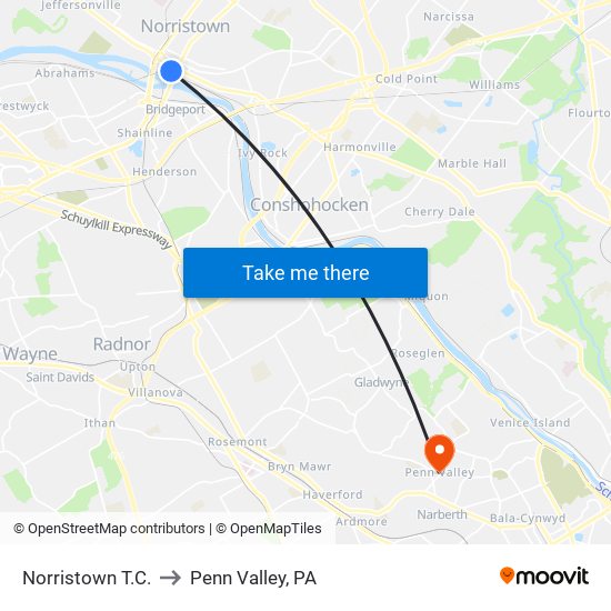 Norristown T.C. to Penn Valley, PA map