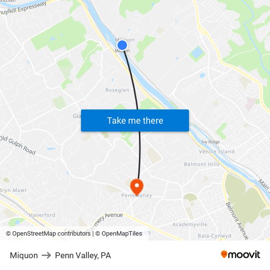 Miquon to Penn Valley, PA map