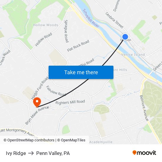 Ivy Ridge to Penn Valley, PA map