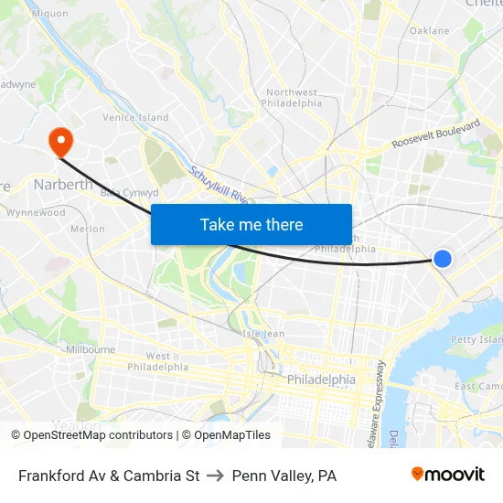 Frankford Av & Cambria St to Penn Valley, PA map
