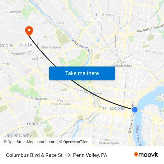 Columbus Blvd & Race St to Penn Valley, PA map