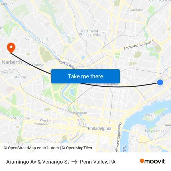 Aramingo Av & Venango St to Penn Valley, PA map