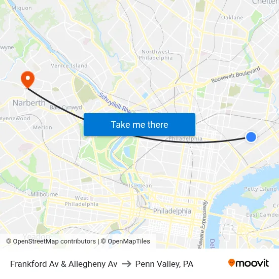 Frankford Av & Allegheny Av to Penn Valley, PA map