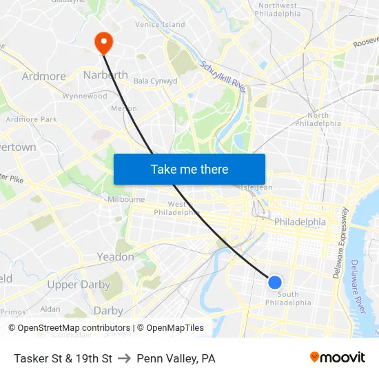 Tasker St & 19th St to Penn Valley, PA map