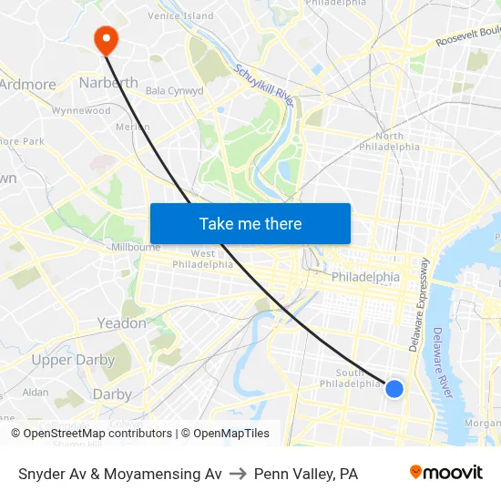 Snyder Av & Moyamensing Av to Penn Valley, PA map