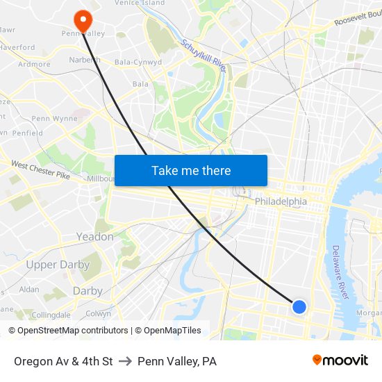 Oregon Av & 4th St to Penn Valley, PA map