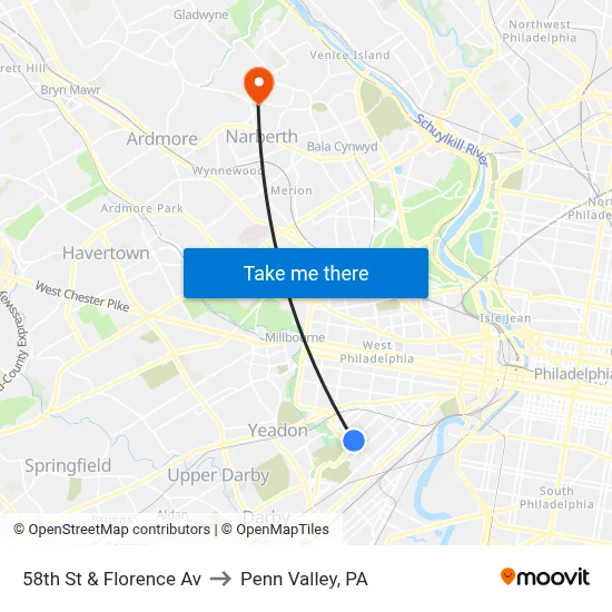 58th St & Florence Av to Penn Valley, PA map
