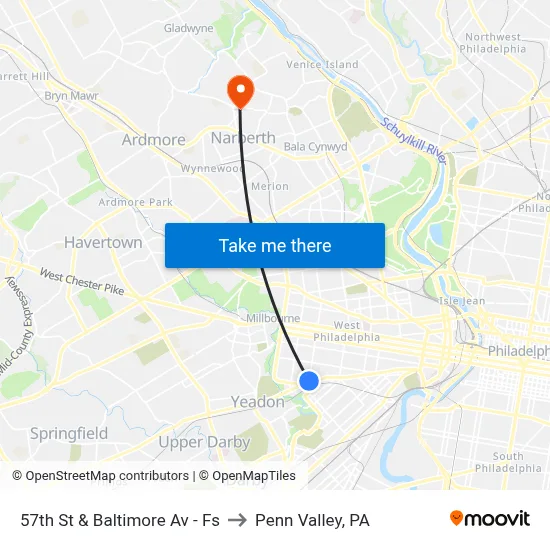 57th St & Baltimore Av - Fs to Penn Valley, PA map