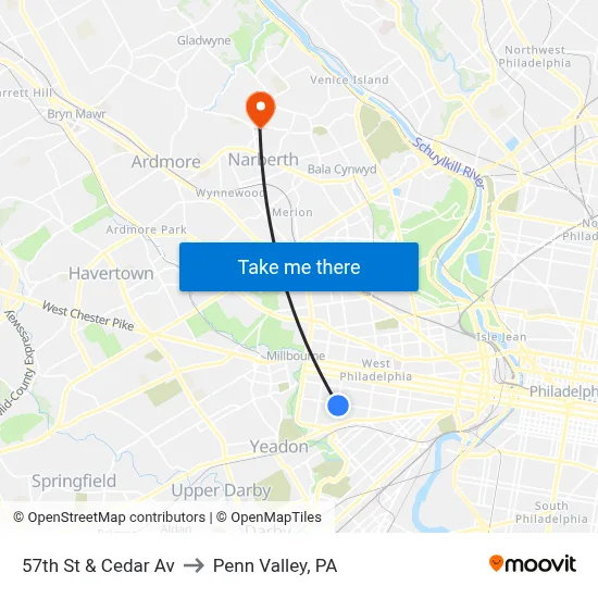 57th St & Cedar Av to Penn Valley, PA map