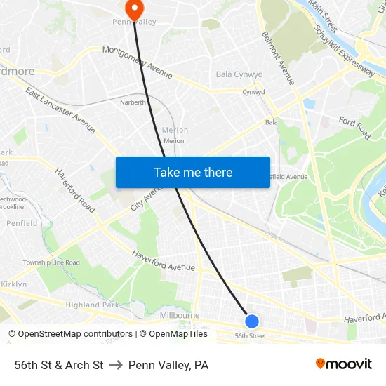 56th St & Arch St to Penn Valley, PA map