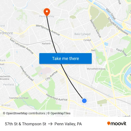 57th St & Thompson St to Penn Valley, PA map