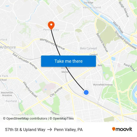 57th St & Upland Way to Penn Valley, PA map