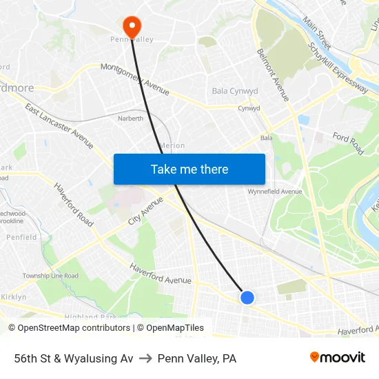 56th St & Wyalusing Av to Penn Valley, PA map