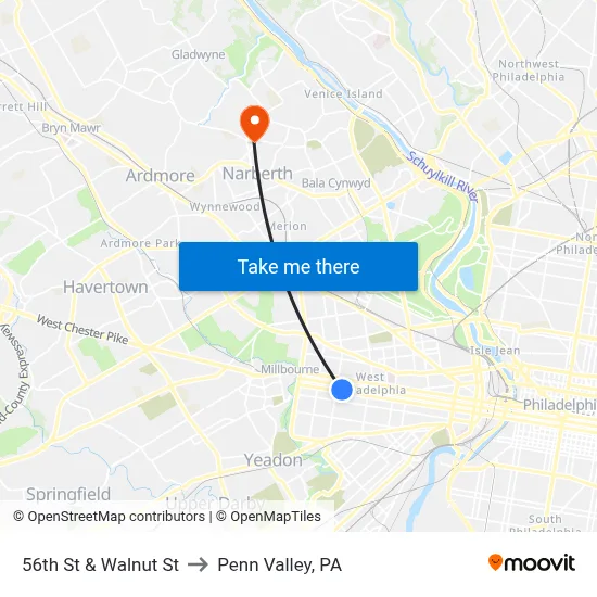 56th St & Walnut St to Penn Valley, PA map