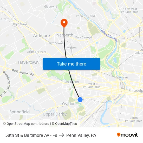 58th St & Baltimore Av - Fs to Penn Valley, PA map