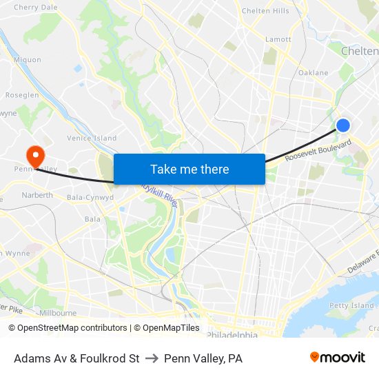 Adams Av & Foulkrod St to Penn Valley, PA map