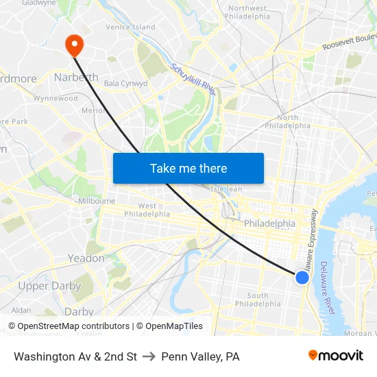 Washington Av & 2nd St to Penn Valley, PA map