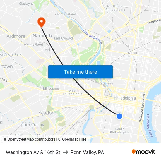 Washington Av & 16th St to Penn Valley, PA map
