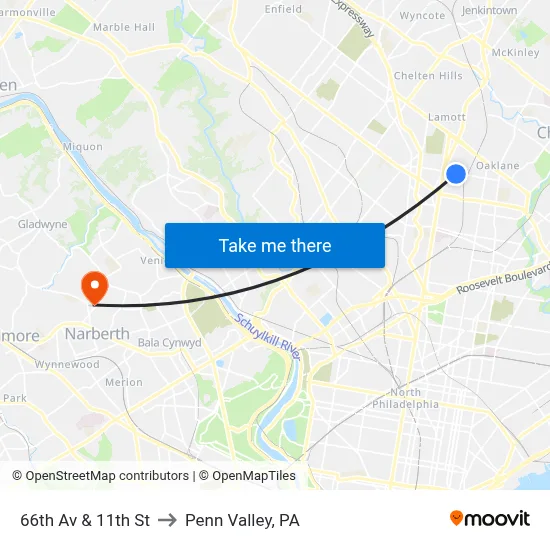 66th Av & 11th St to Penn Valley, PA map
