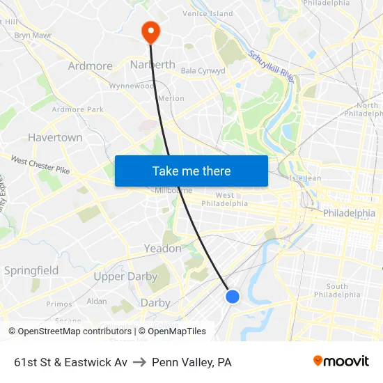 61st St & Eastwick Av to Penn Valley, PA map
