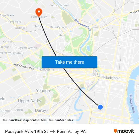 Passyunk Av & 19th St to Penn Valley, PA map