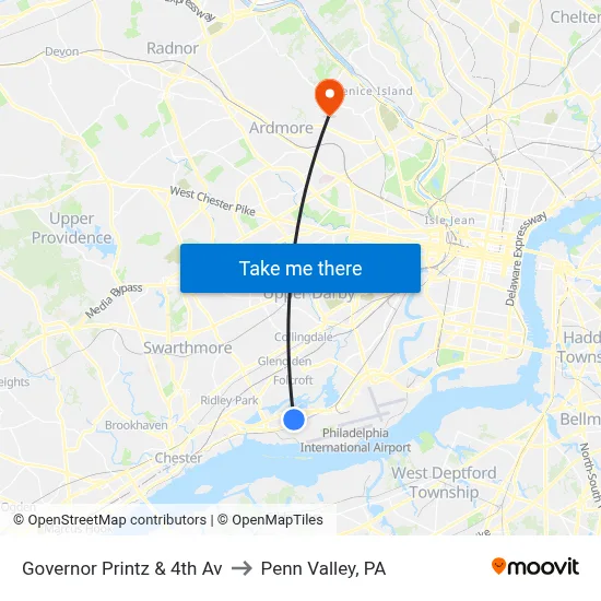 Governor Printz & 4th Av to Penn Valley, PA map