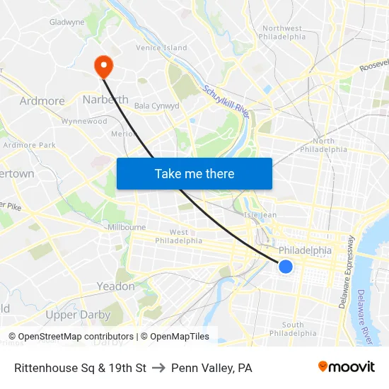 Rittenhouse Sq & 19th St to Penn Valley, PA map