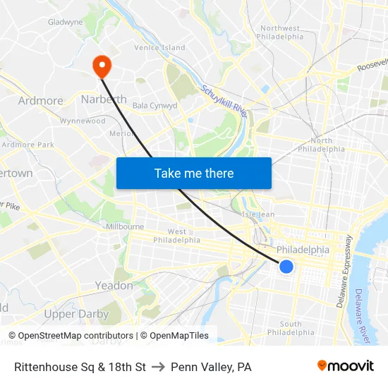 Rittenhouse Sq & 18th St to Penn Valley, PA map