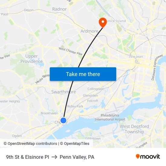 9th St & Elsinore Pl to Penn Valley, PA map