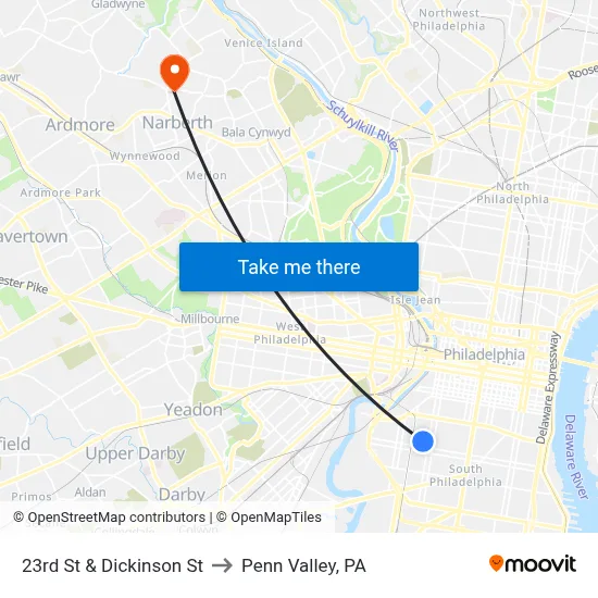 23rd St & Dickinson St to Penn Valley, PA map
