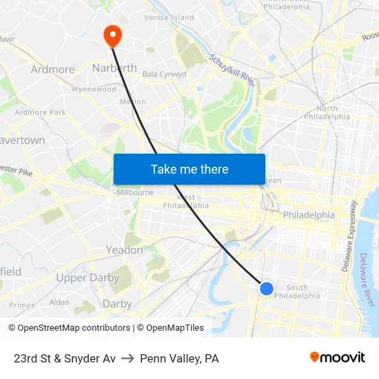 23rd St & Snyder Av to Penn Valley, PA map