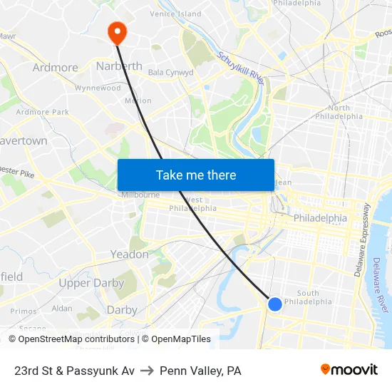 23rd St & Passyunk Av to Penn Valley, PA map