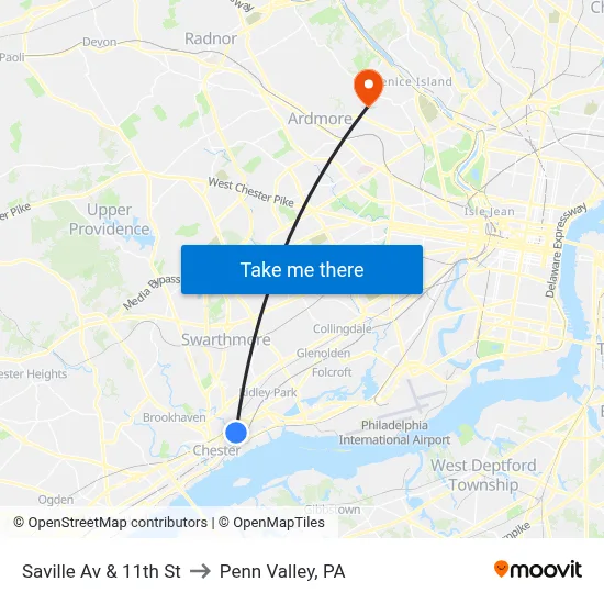 Saville Av & 11th St to Penn Valley, PA map