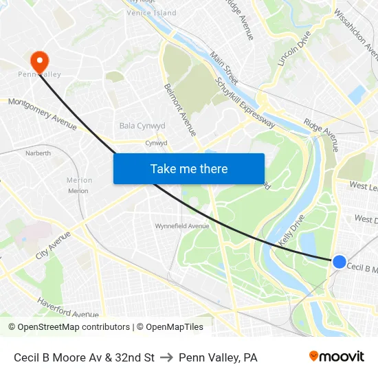 Cecil B Moore Av & 32nd St to Penn Valley, PA map