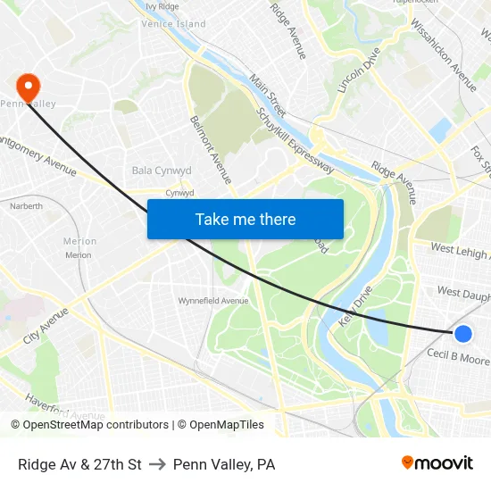 Ridge Av & 27th St to Penn Valley, PA map