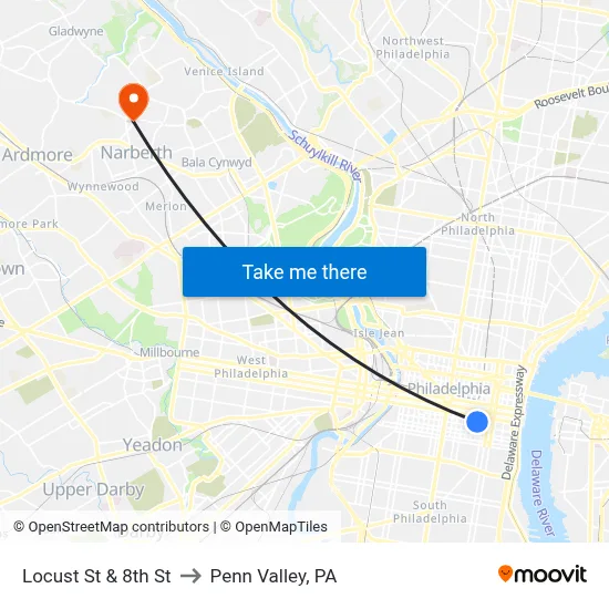 Locust St & 8th St to Penn Valley, PA map
