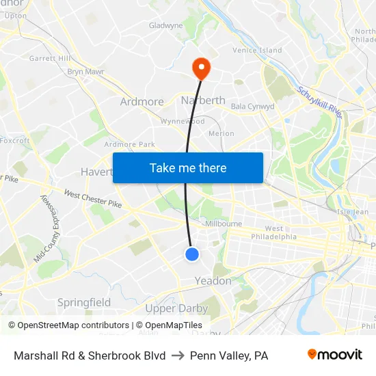 Marshall Rd & Sherbrook Blvd to Penn Valley, PA map