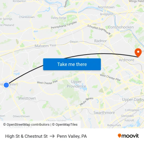 High St & Chestnut St to Penn Valley, PA map