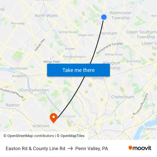 Easton Rd & County Line Rd to Penn Valley, PA map