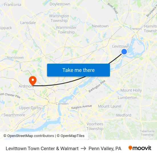 Levittown Town Center & Walmart to Penn Valley, PA map