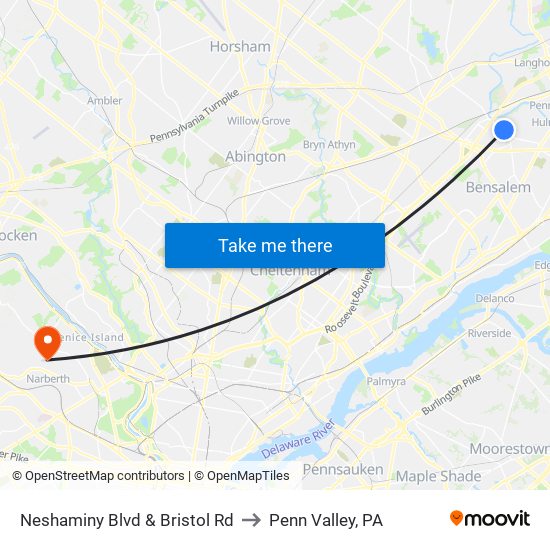 Neshaminy Blvd & Bristol Rd to Penn Valley, PA map