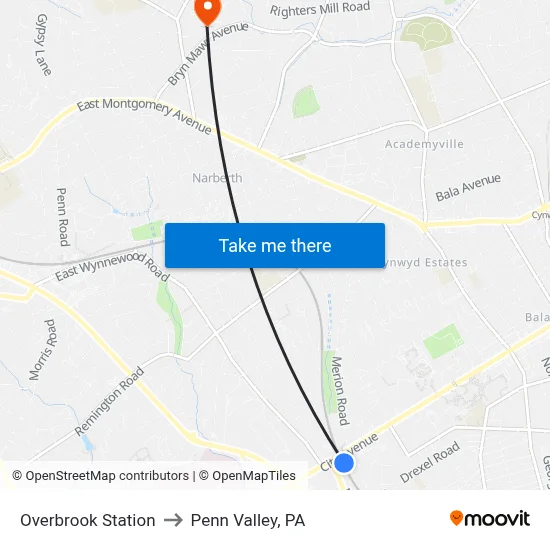 Overbrook Station to Penn Valley, PA map