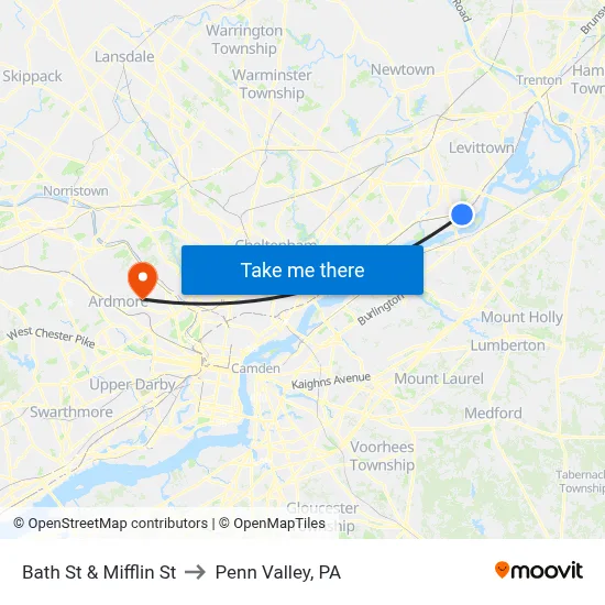 Bath St & Mifflin St to Penn Valley, PA map