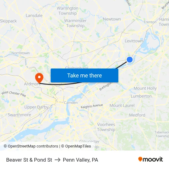 Beaver St & Pond St to Penn Valley, PA map