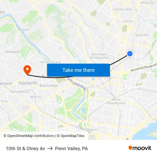 10th St & Olney Av to Penn Valley, PA map