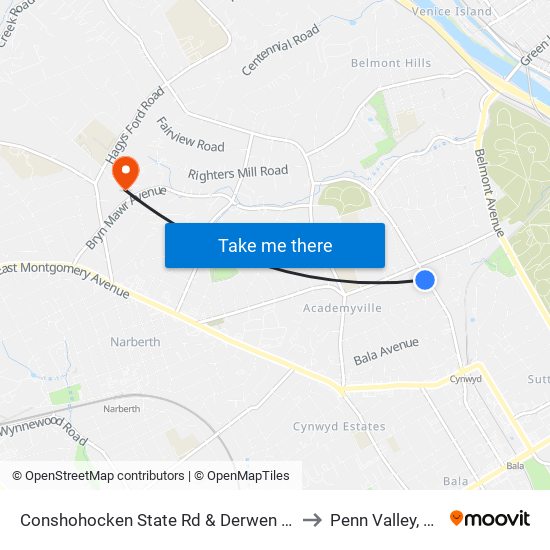 Conshohocken State Rd & Derwen Rd to Penn Valley, PA map